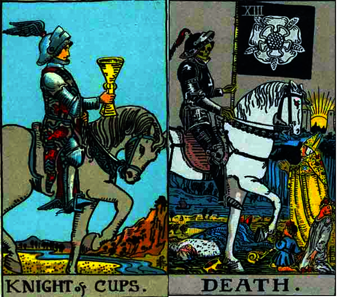 Knight of Cups and Death cards compared.